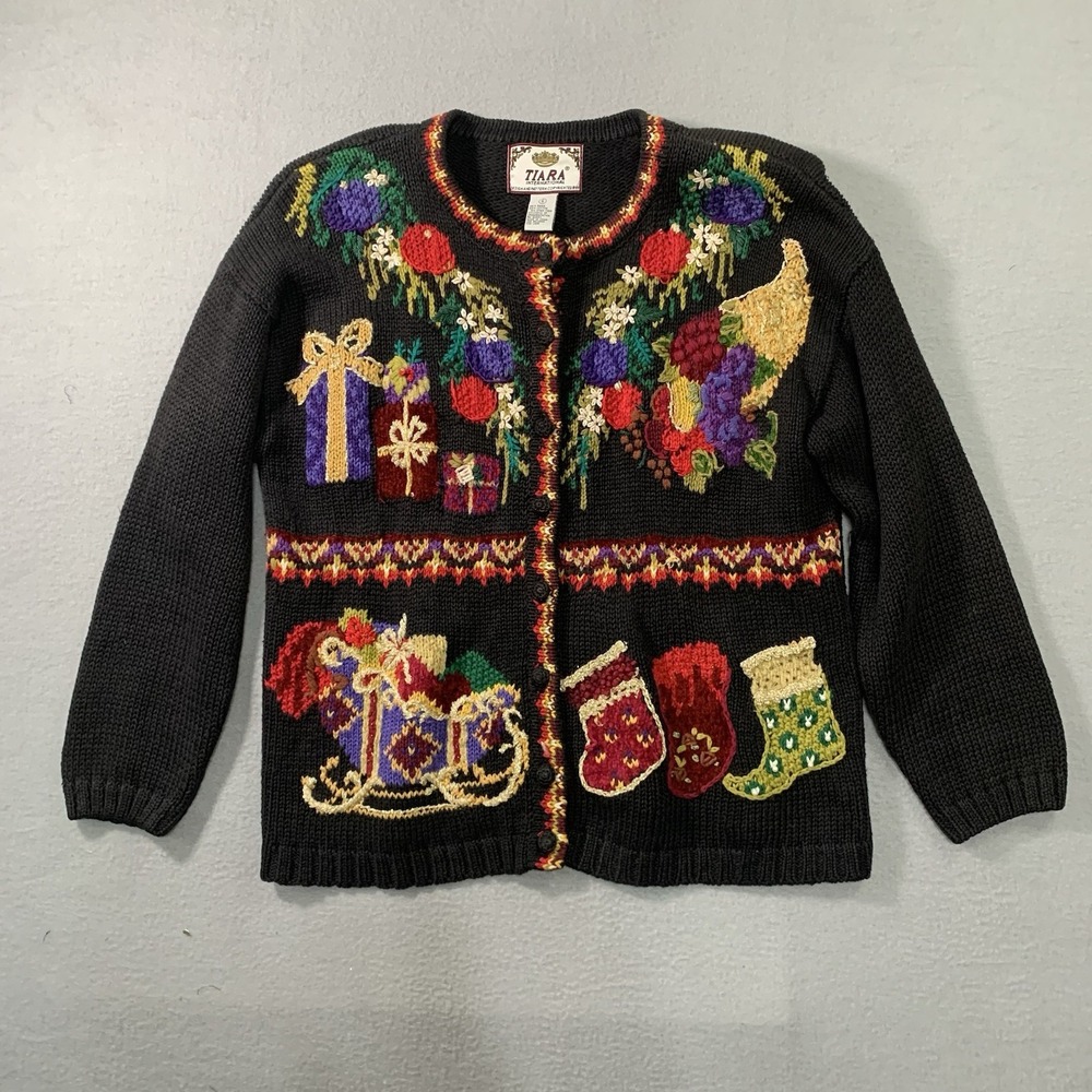 Vintage Black Tiara International Presents Ugly Christmas Cardigan (1990s) Sm
